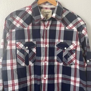 Men’s Blue Red and White Plaid Long Sleeve